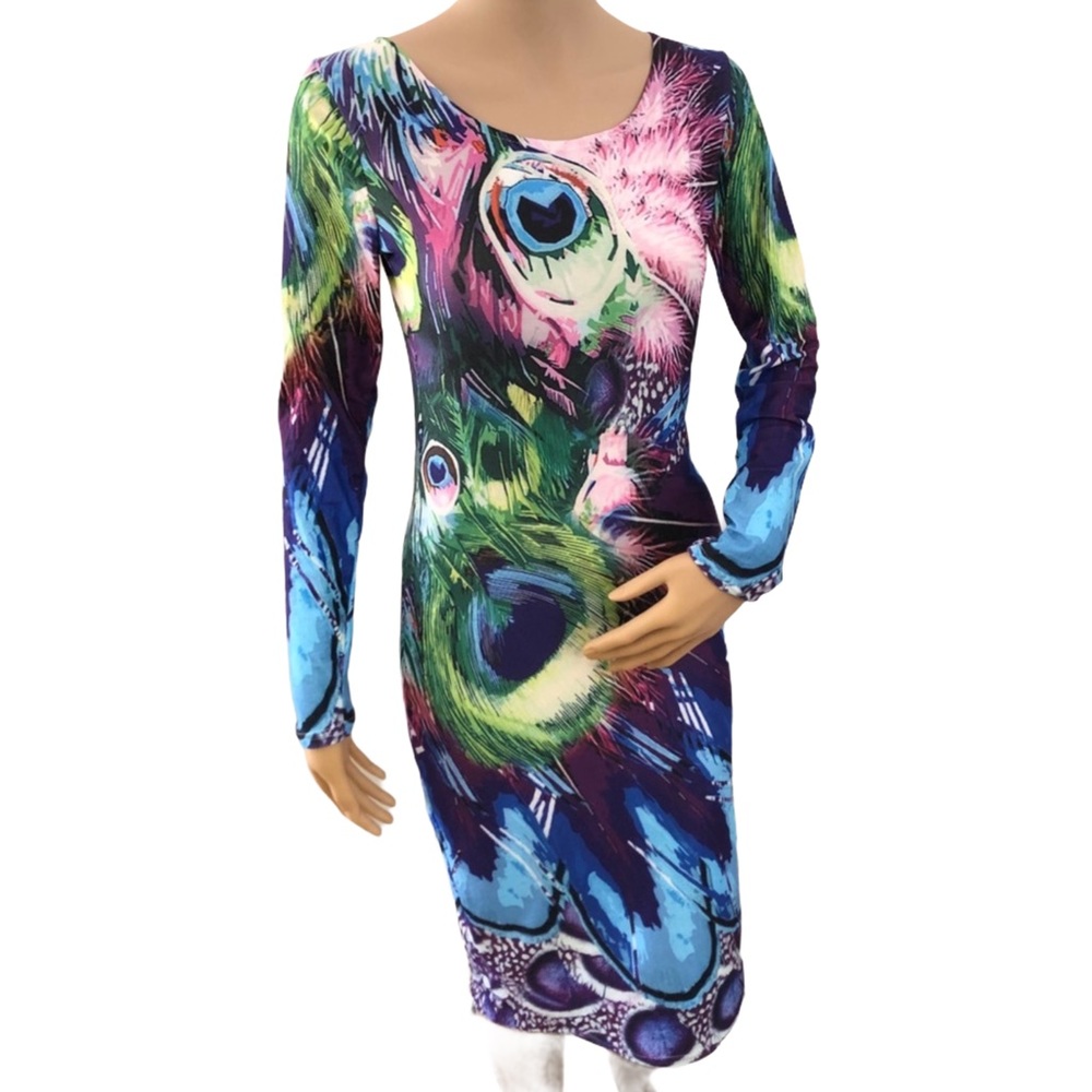 Peacock Feather Print Dress Long-sleeve Scoopneck stretchy jersey body-con fit S - Picture 3 of 3